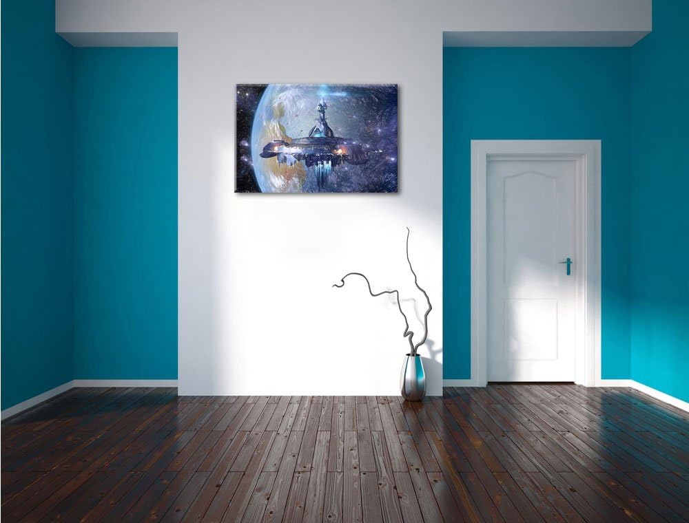 Pixxprint Raumschiff vor der Erde / 100x70cm Leinwandbild bespannt auf Holzrahmen/Wandbild Kunstdruc
