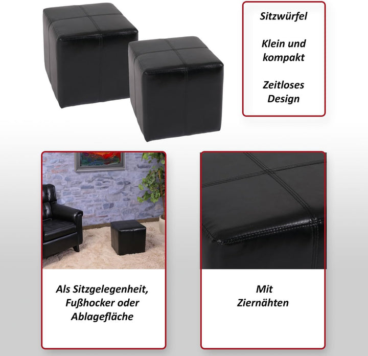 Mendler 2er-Set Sitzwürfel Hocker Sitzhocker Onex-AM, Leder + Kunstleder, 36x36x36cm - schwarz