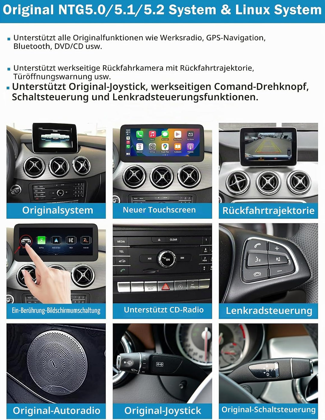 Autoradio 12,3 Zoll Touchscreen für 2015-2018 Mercedes Benz B-Klasse W246 mit NTG 5,0/5,1/5,2, unter