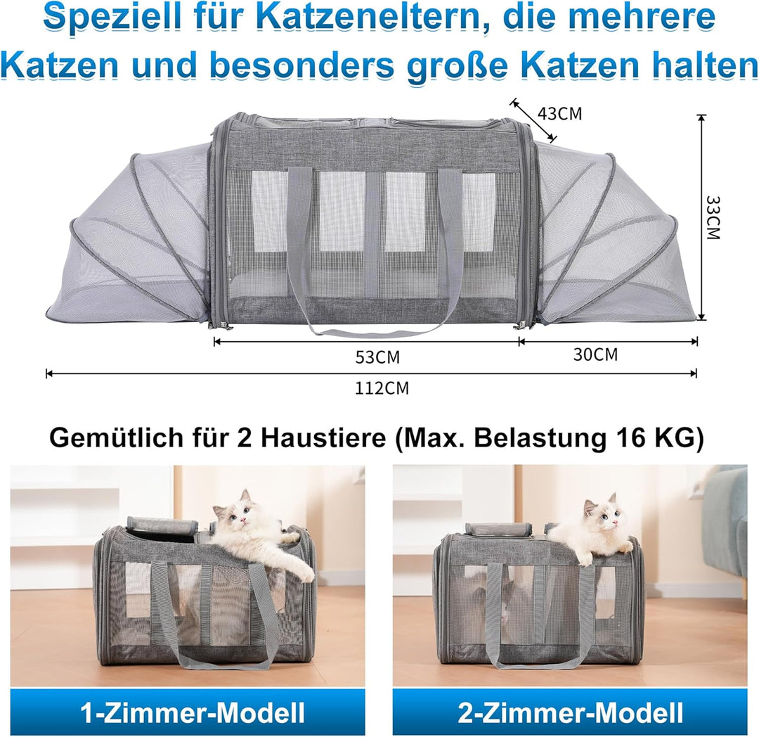 Grosser Katzentransportbox für 2 Katzen und Kleine Hunde bis 15KG mit Abnehmbarem Weichem Kissen（53
