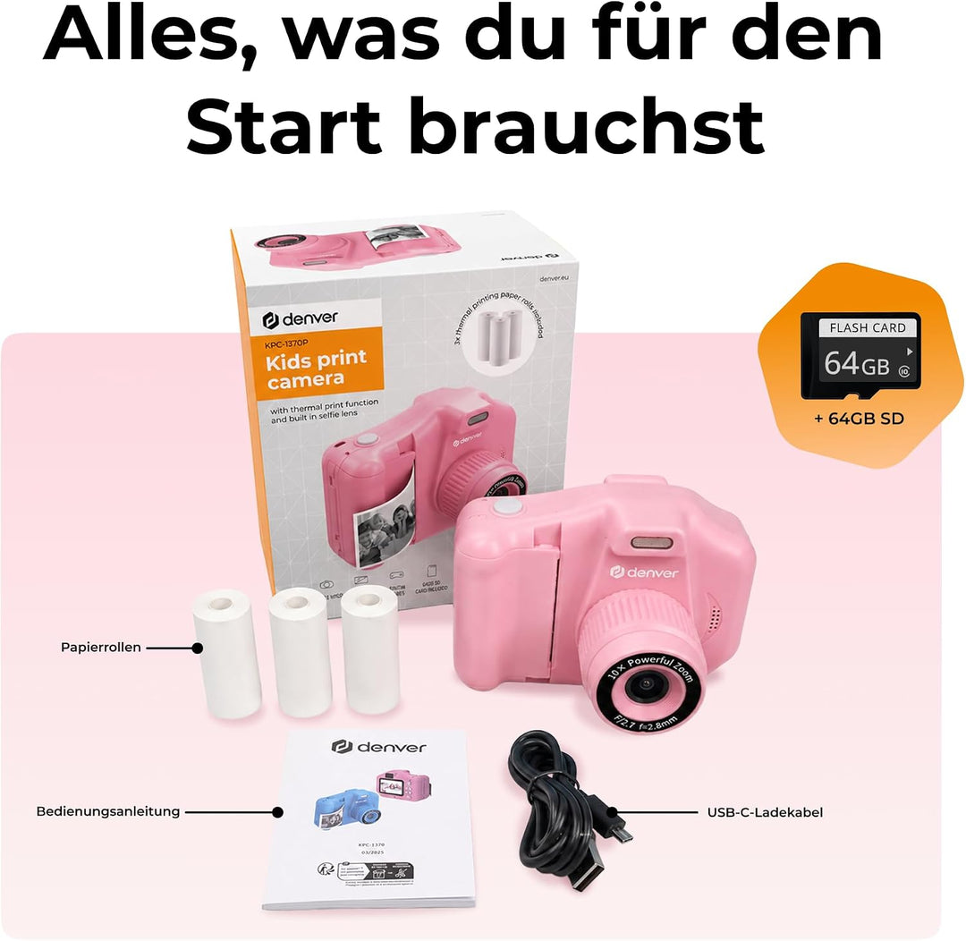 Denver KPC-1370P Sofortbildkamera Kinder mit 2,8" Display | Sofortdruck Kamera für Kinder | Kinderka