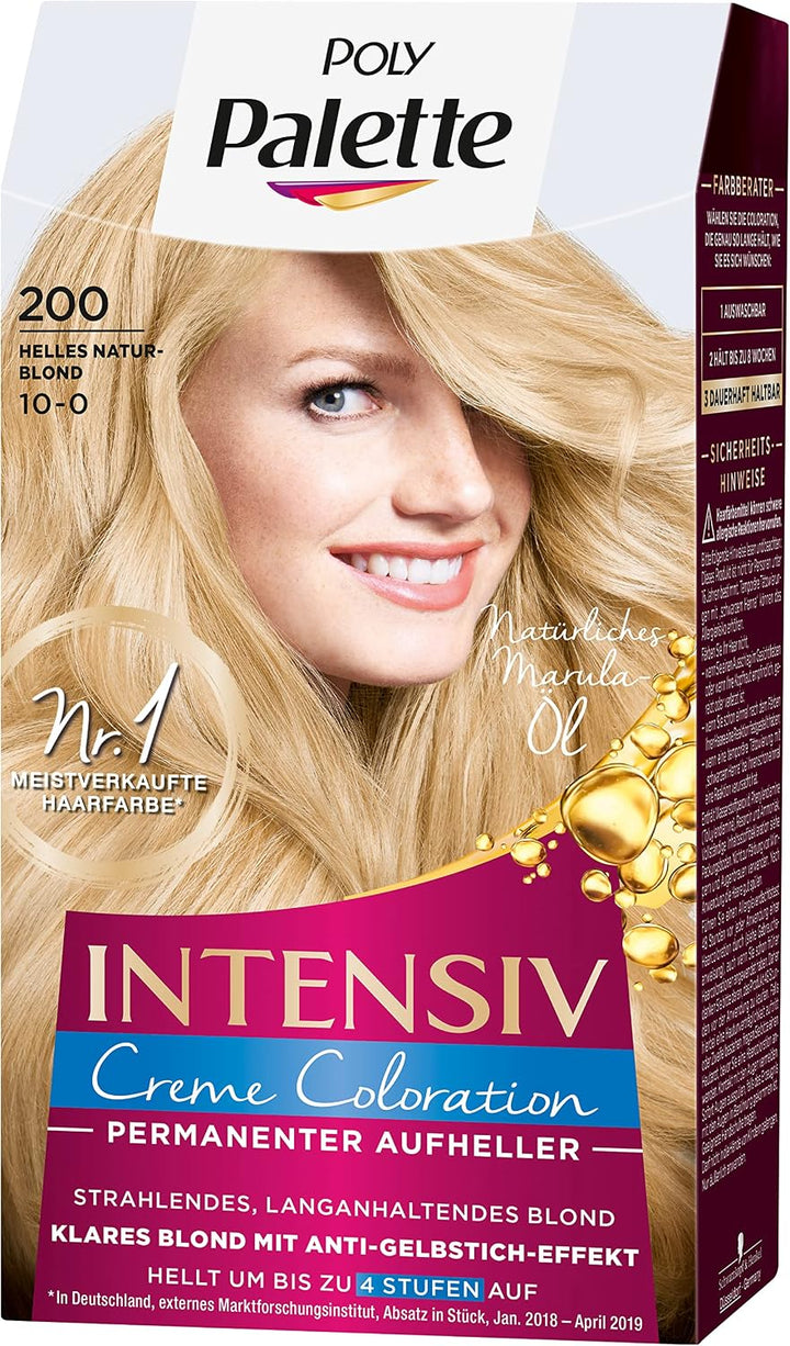 Palette Intensiv Creme Coloration 10-0/200 Helles Naturblond Stufe 3 (3 x 125 ml), Permanenter Aufhe