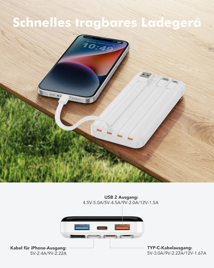Charmast Powerbank 20000mAh Externer Akku USB C Power Bank mit 4 integriertes Ladekabel Tragbares La