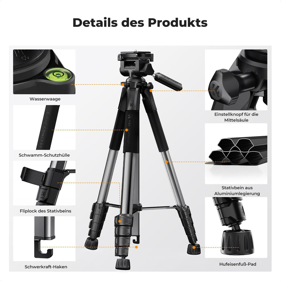 K&F CONCEPT Kamerastativ S255A3+BV01,Leichtes Stativ mit Tasche,190cm Handystativ,Tripod für Canon N
