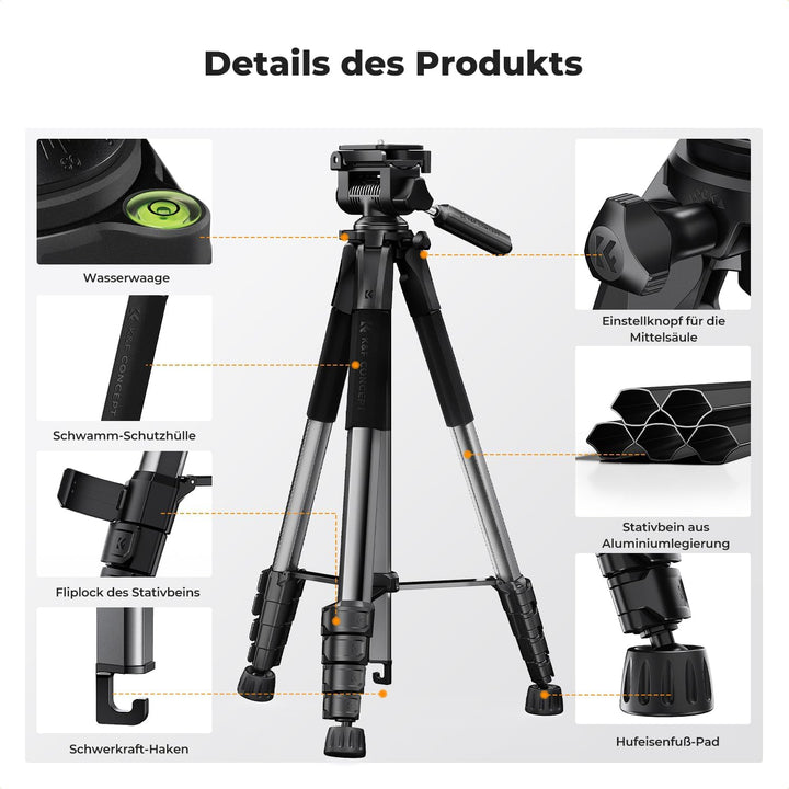 K&F CONCEPT Kamerastativ S255A3+BV01,Leichtes Stativ mit Tasche,190cm Handystativ,Tripod für Canon N