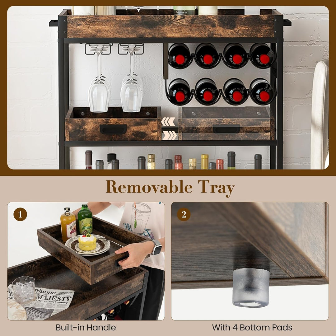 KOMFOTTEU Industrieller Küchenwagen mit herausnehmbarem Tablett, Servierwagen 3 Ebenen mit Weinregal