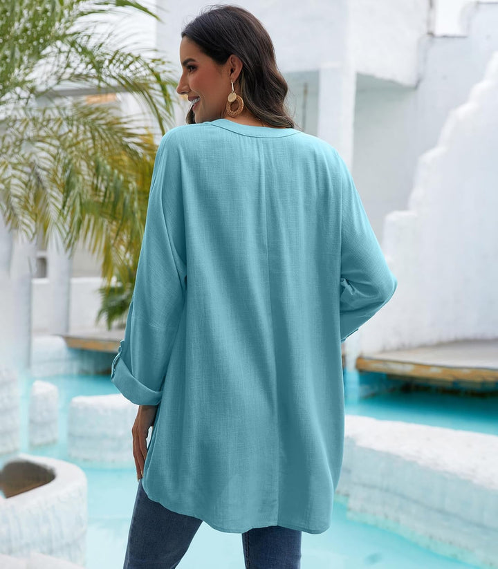 Leinenbluse Damen Musselin Bluse Sommer Blusen Tuniken für Damen Longbluse Hemdbluse Oversize Tunika