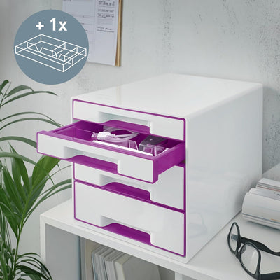 Leitz CUBE Schubladenbox mit 4 Schubladen, Weiss/Violett, A4, Inkl. transparentem Schubladeneinsatz,