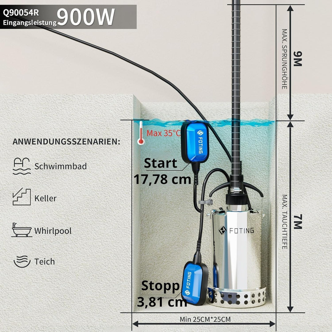 FOTING Edelstahl Tauchpumpe 900 W, 13.000 l/h, Förderhöhe bis 9 m, Eintauchtiefe bis 7 m, mit Schwim