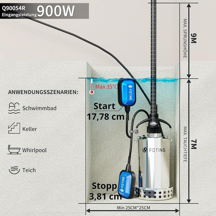 FOTING Edelstahl Tauchpumpe 900 W, 13.000 l/h, Förderhöhe bis 9 m, Eintauchtiefe bis 7 m, mit Schwim