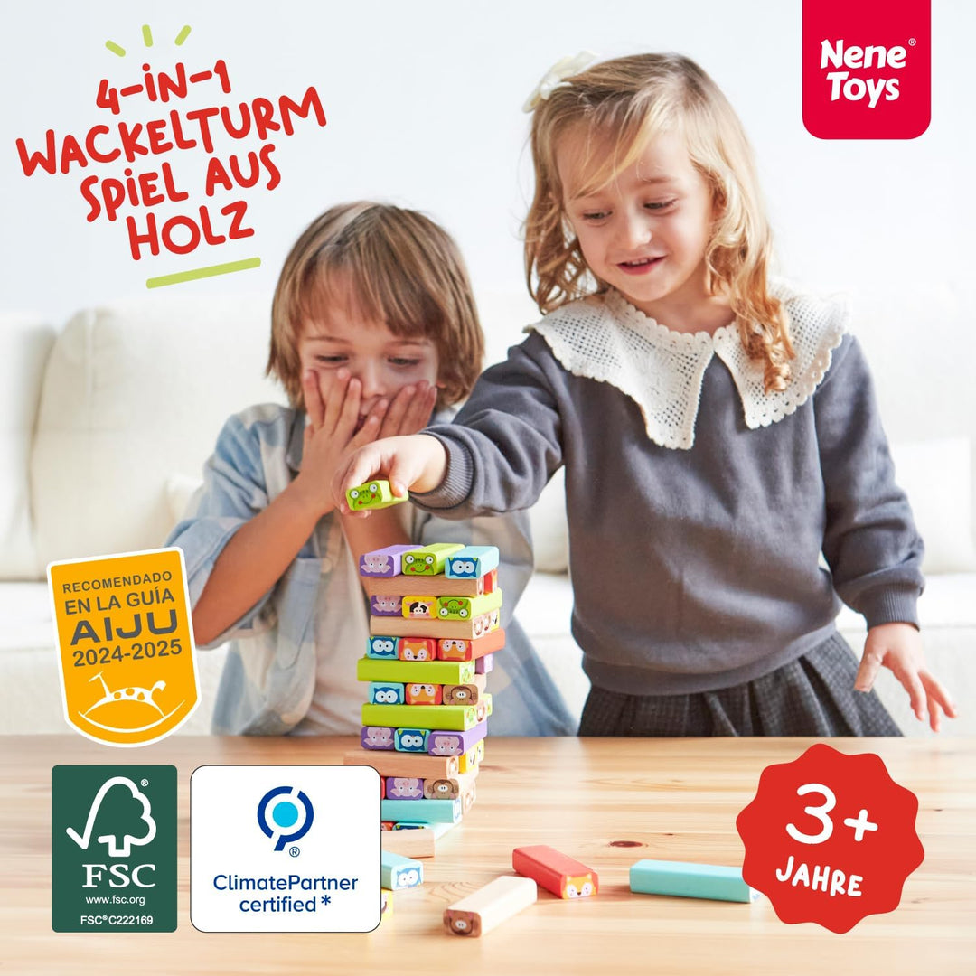 Nene Toys Wackelturm 4 in 1 aus Holz mit Farben und Tieren - Pädagogisches Kinderspiel ab 3 Jahre -