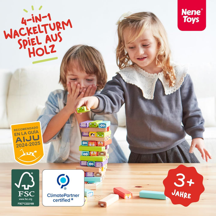 Nene Toys Wackelturm 4 in 1 aus Holz mit Farben und Tieren - Pädagogisches Kinderspiel ab 3 Jahre -