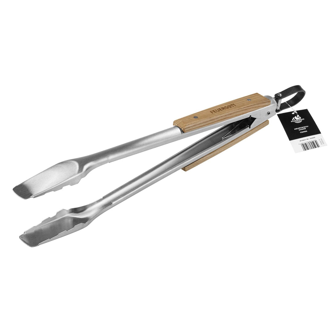 Grillzange 46cm Edelstahl mit edlen Zedernholzgriffen, Leder Schlaufe zum Aufhängen, praktisches Ver