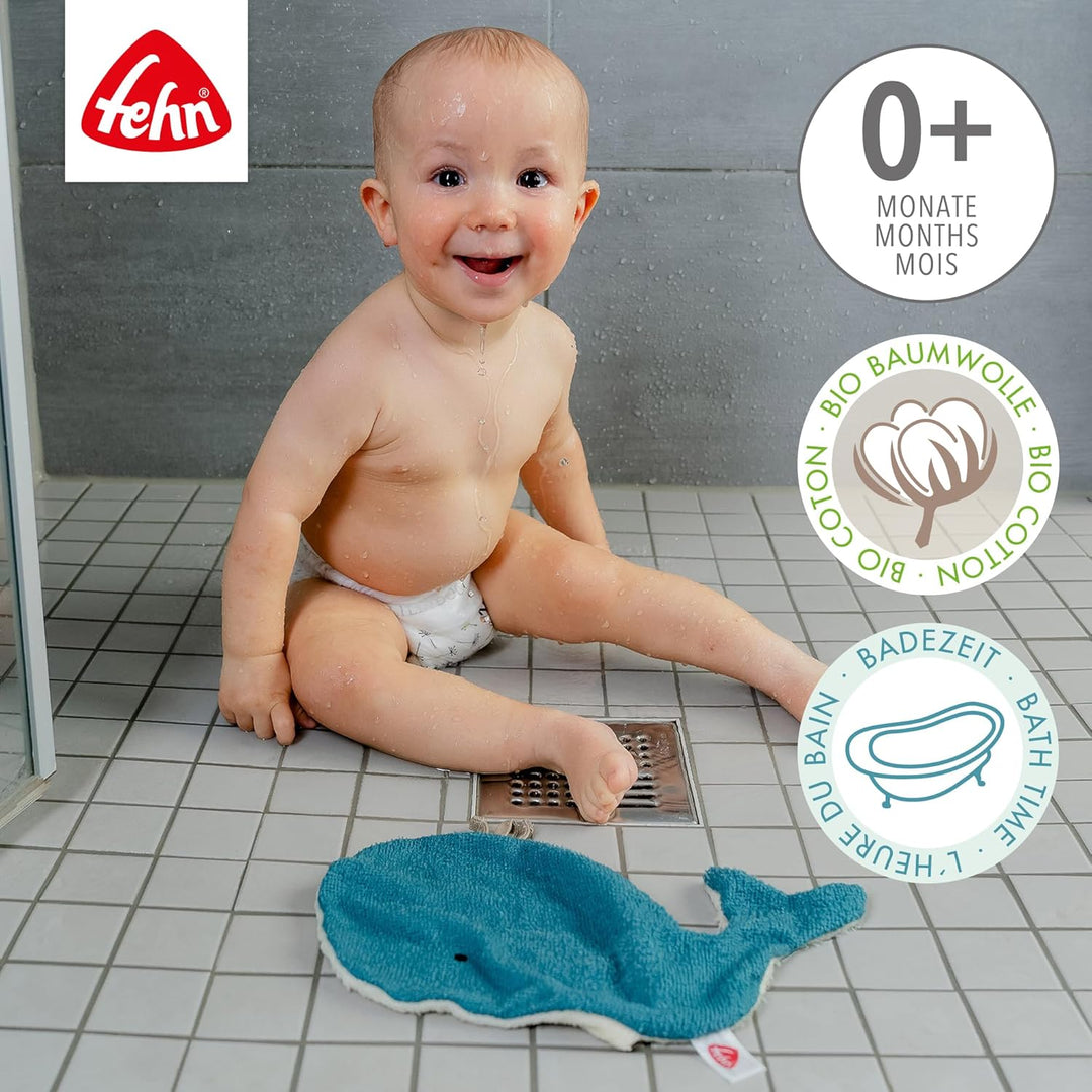 Fehn Baby Wal Badetuch & Waschhandschuh Bade-Set - Kapuzenhandtuch mit süssem Wal - Kinder Poncho au