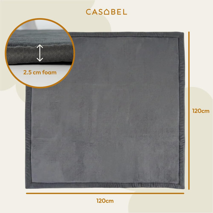 CASABEL Baby-Spielmatte aus Samt, dick und weich, 120x120cm, Grau | 2,5 cm dick, komfortabler Schaum