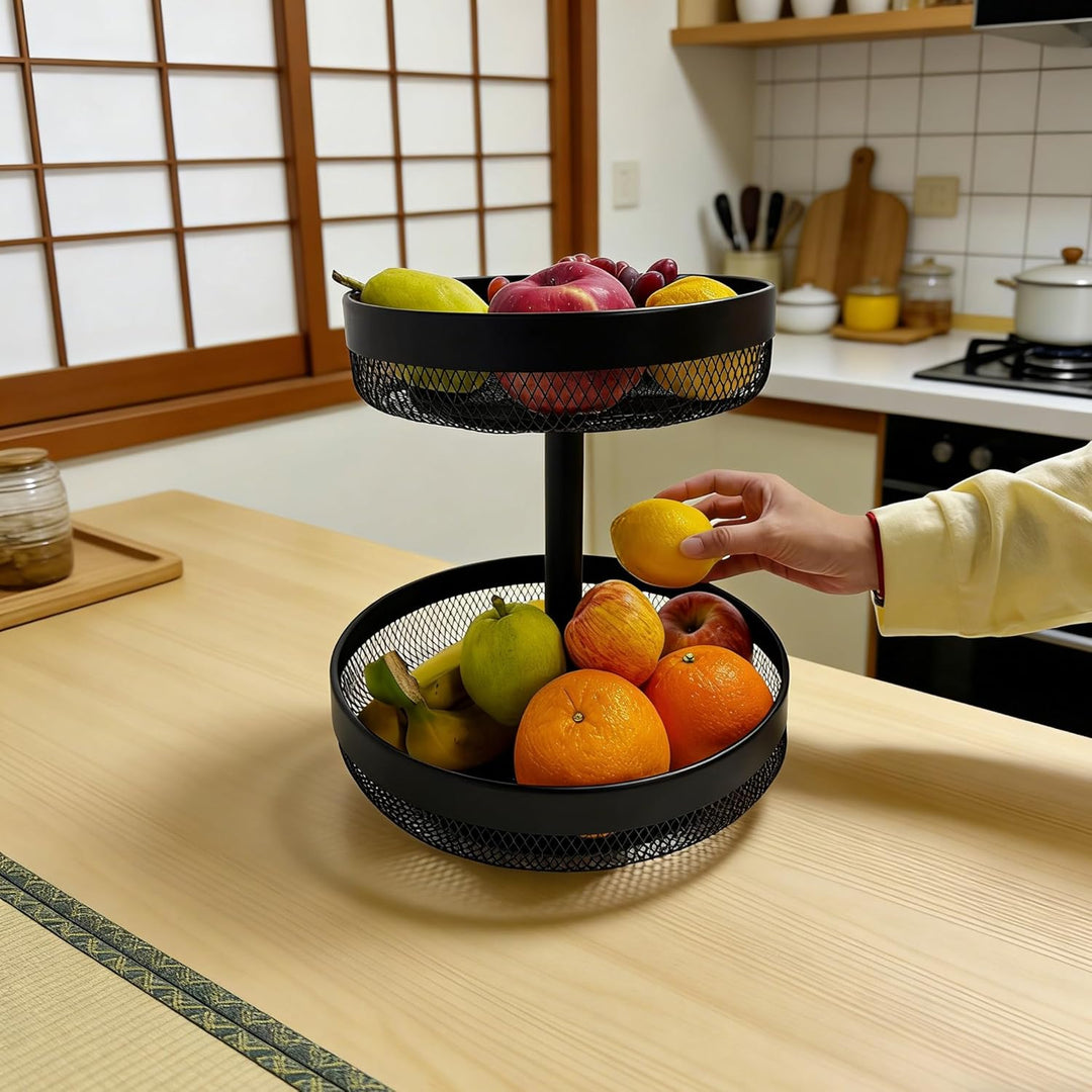 Afeeler 3-Stöckig runde Obst Etagere Schwarz, Elegante Obstkorb Brotkorb aus Metall, Obstteller Etag