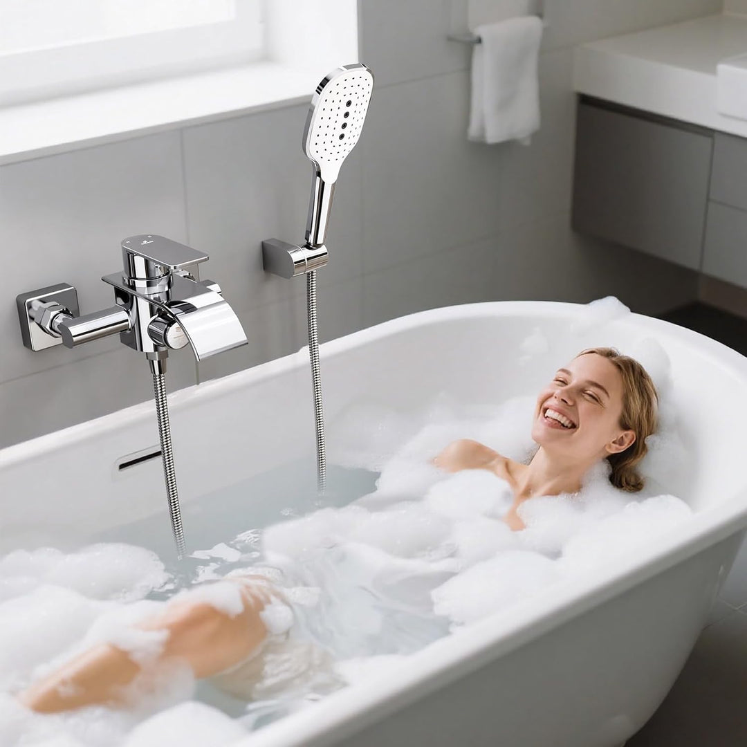 KULACO Badewannenarmatur mit Handbrause, Wasserhahn Badewanne Armatur Wasserfall, Messing Mischbatte