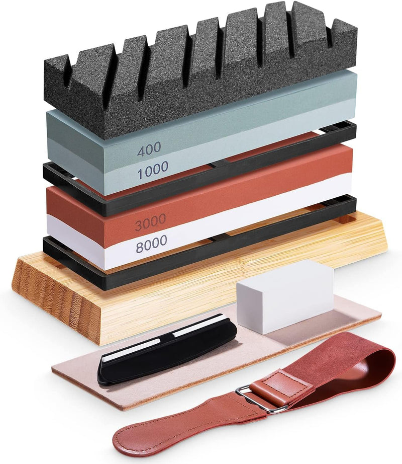 FAOKZE Abziehstein Schleifstein Set 9-in-1, Doppelseitig 400/1000 und 3000/8000 Grit Messerschärfer,