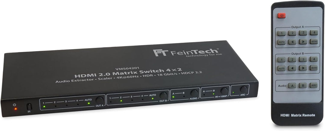 FeinTech VMS04201 HDMI Matrix Switch 4x2 mit Audio Extractor Scaler Ultra-HD 4K 60Hz HDR 2x4, mit AR