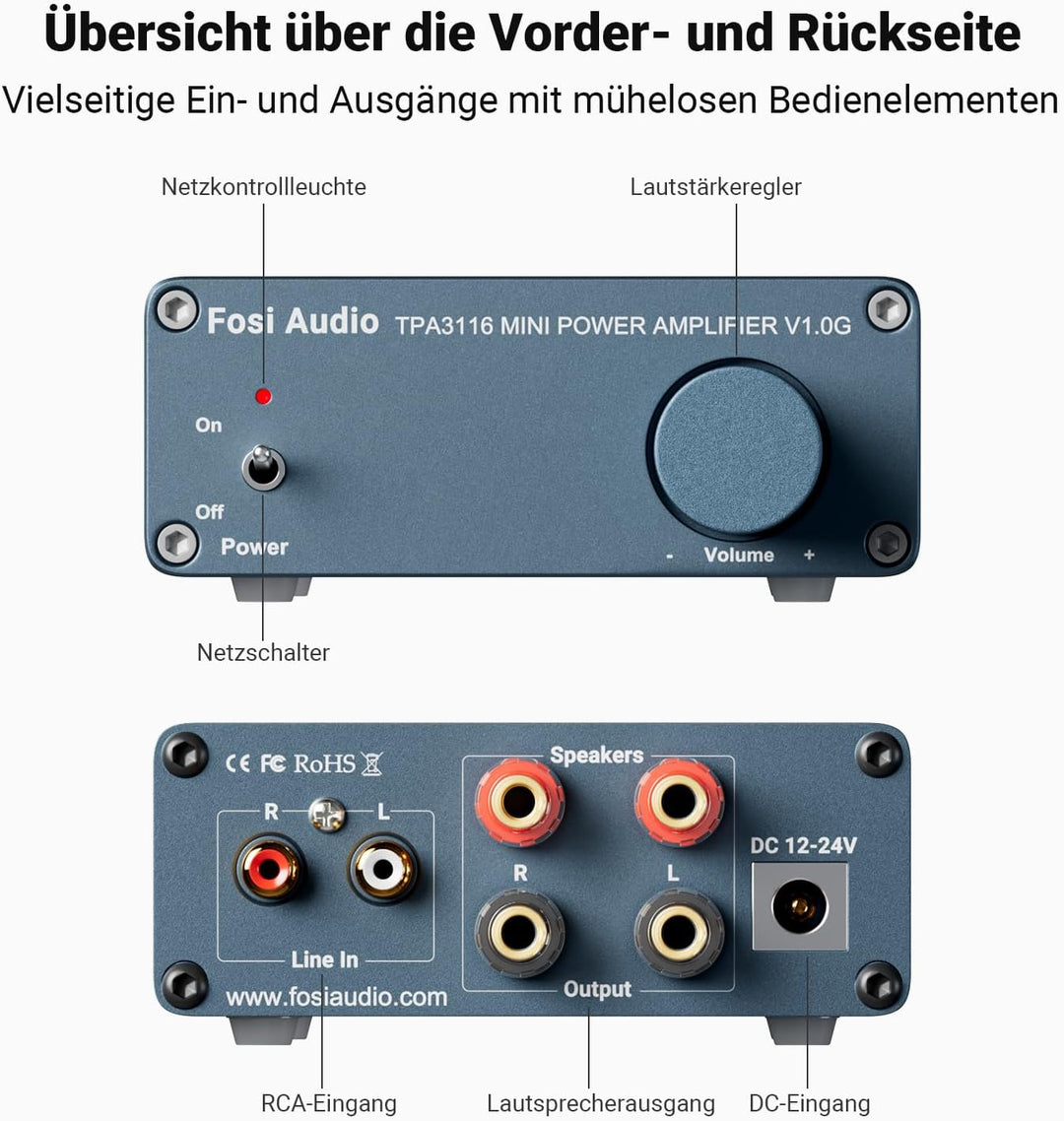 Fosi Audio V1.0G 2-Kanal-Stereo-Audio-Class-D-Verstärker Mini-Hi-Fi-Profi-Digital-Verstärker für Hei