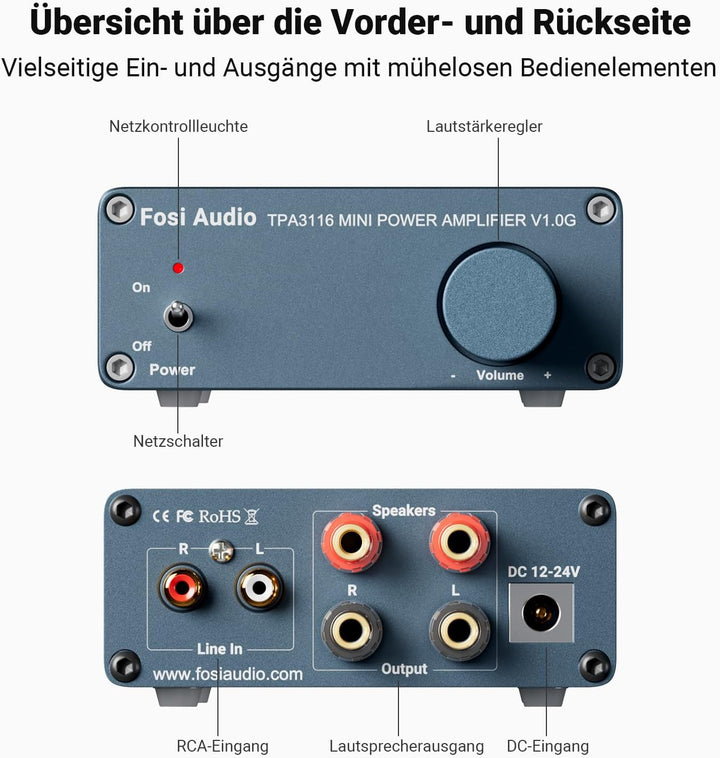 Fosi Audio V1.0G 2-Kanal-Stereo-Audio-Class-D-Verstärker Mini-Hi-Fi-Profi-Digital-Verstärker für Hei