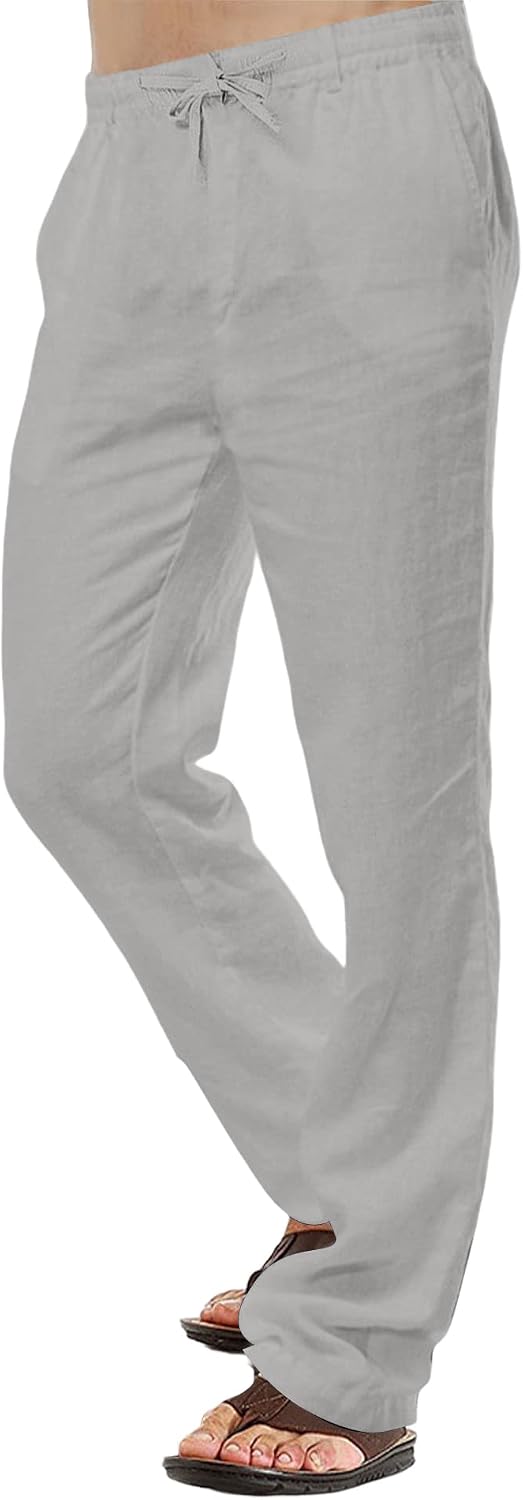 Herren-Leinenhose, lässige Baumwollhose, Sommerhose, Strandhose, leichte Hose mit Kordelzug S Hellgr