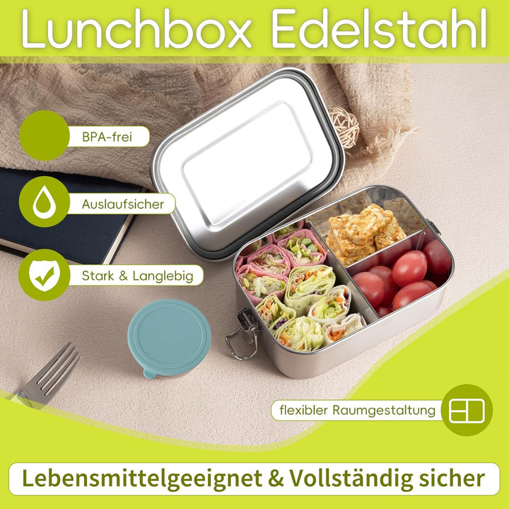GOLDEN KEY Edelstahl Brotdose kinder,Lunchbox Edelstahl 800ml mit Fächern Dichtung,Bento Box Edelsta