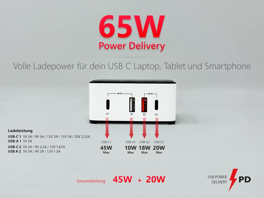 FeinTech NLG00165 USB C Ladegerät Mehrfach 4 Port 65W (45W + 20W) USB Netzteil mit 2X USB-C PD und 2