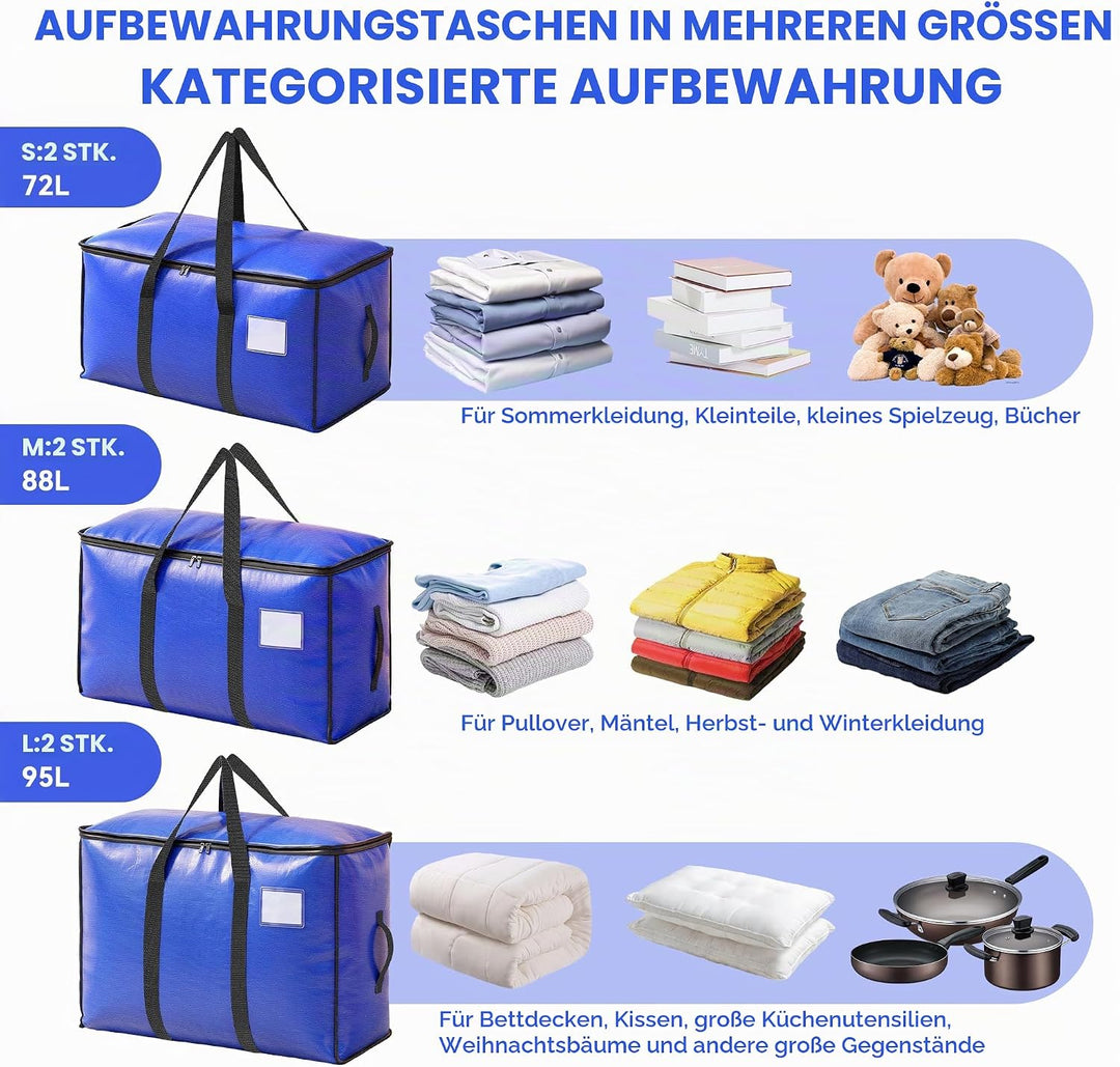 6pcs Grosse Aufbewahrungstasche 75L-95L Heavy-Duty Umzugstaschen mit 12 Kärtchen,Faltbare Umzugskart