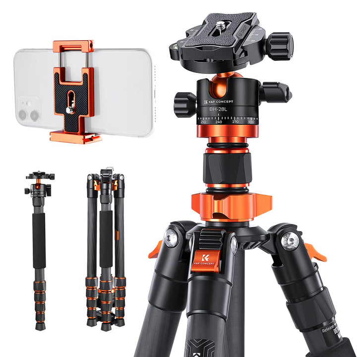 K&amp;F Concept 172cm Carbon Stativ, D255C4(SA255C1) Kompaktes Kamera Handy Stativ, Leichtes Tripod mit