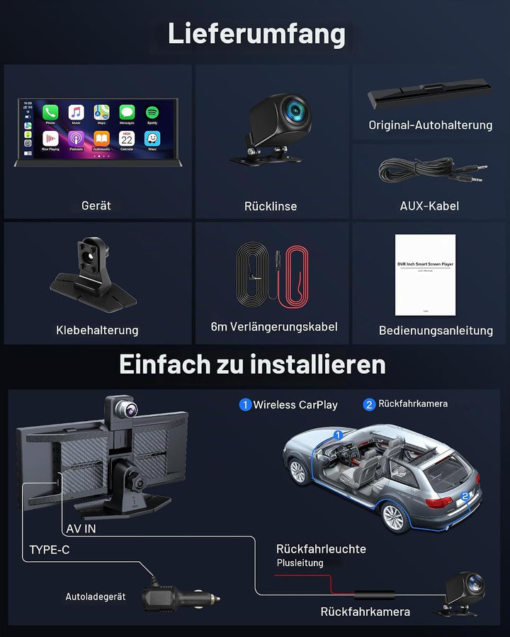 11,3 Zoll Carplay Android Auto Display mit Stehende Halterung, 350° Drehbare 4K Dashcam Buddy Displa
