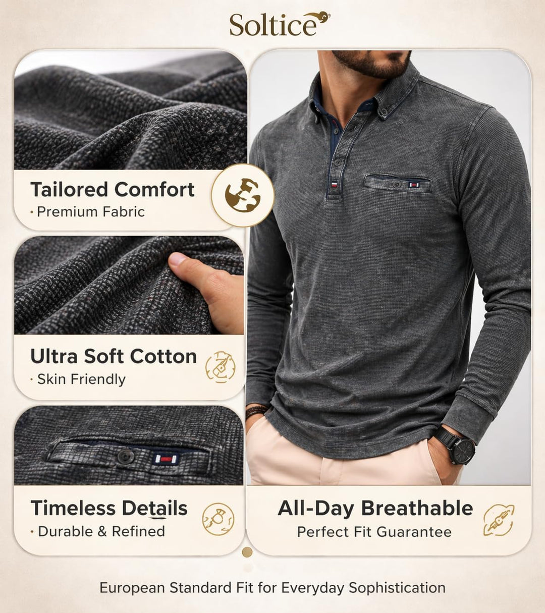 Soltice Herren Langarm Poloshirt, Kariert Kragen Polohemd mit Brusttasche, Blousonshirt aus Baumwoll