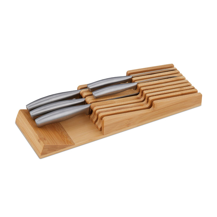 Relaxdays Messerhalter Schublade, für 9 Messer & Wetzstahl, Bambus Messerblock liegend, HxBxT: 5,5 x