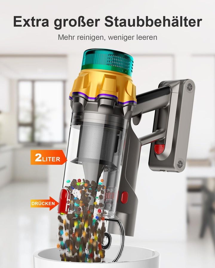 Akku Staubsauger 50000Pa/600W/65Min, staubsauger kabellos mit Display, 2L Staubbehälter, Anti-Tangle