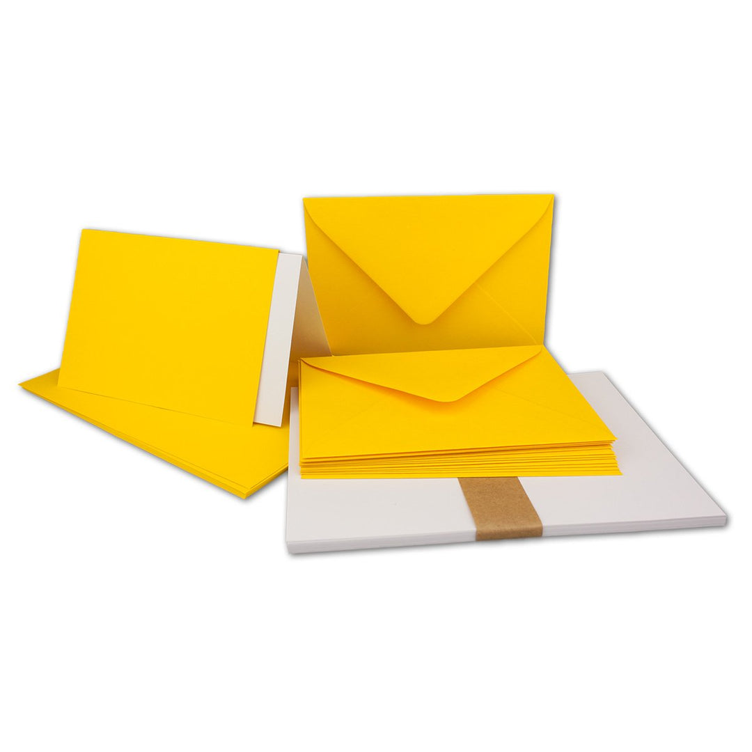 50x Faltkarten Set DIN A6/C6 mit Brief-Umschlägen in Honiggelb - inklusive Einleger - 14,8 x 10,5 cm