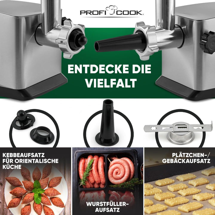 ProfiCook Fleischwolf 1200W | mit Aufsatz für Plätzchen/Spritzgebäck | Fleischwolf elektrisch | 3 Me