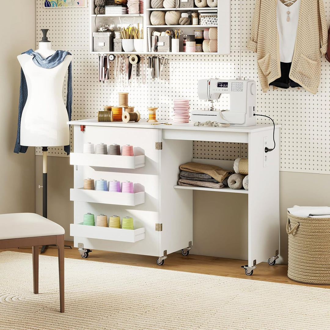 COSTWAY 2 in 1 Nähtisch klappbar mit Ladestation, Nähmaschinenschrank aus Holz mit Regalen, Nähschra