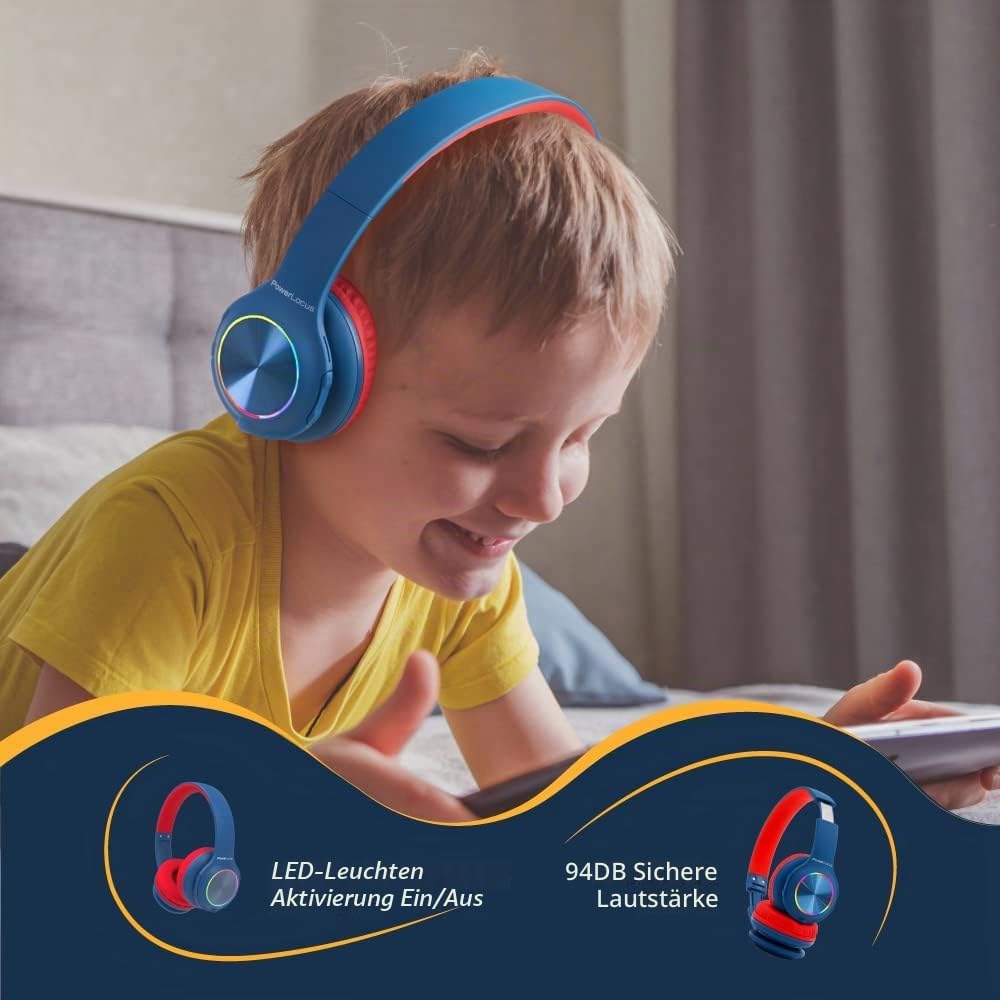 PowerLocus Kinderkopfhörer Bluetooth, Kinder Kopfhörer Kabellos mit LED-Leuchten und 94DB Lautstärke