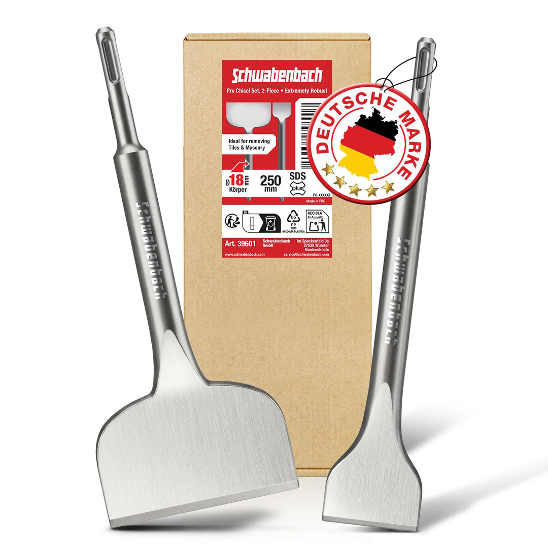 SCHWABENBACH® Fliesenmeissel Sds Plus - 2tlg 250 mm lang - Flachmeissel Sds Plus 50 mm + Sds Meissel