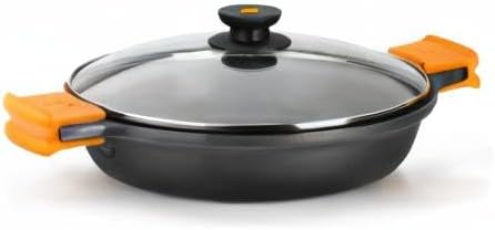BRA Efficient | Niedriger Kochtopf mit Glasdeckel und abnehmbaren Silikongriffen, 32 cm, für alle He