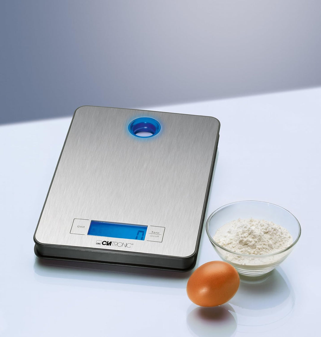 Clatronic Küchenwaage KW 3412, Wiegefläche aus Edelstahl, LCD-Display, bis 5kg in 1g-Schritten (g, k