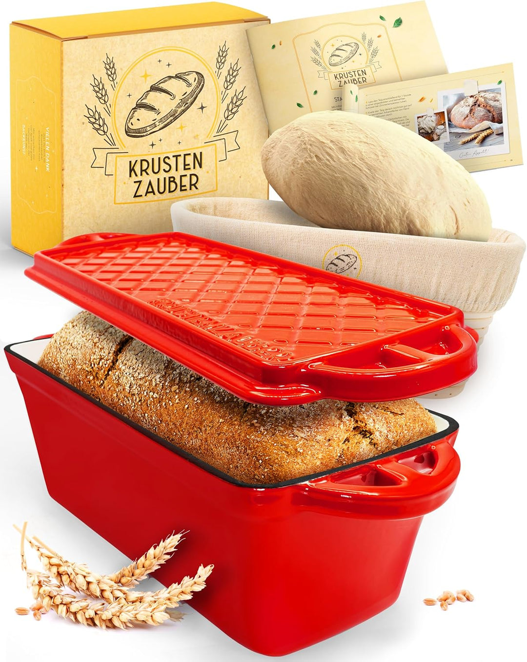 KRUSTENZAUBER Emaille Brotbackfrom mit Deckel inkl. Gärkorb - Robuste 28cm Backform aus Gusseisen -