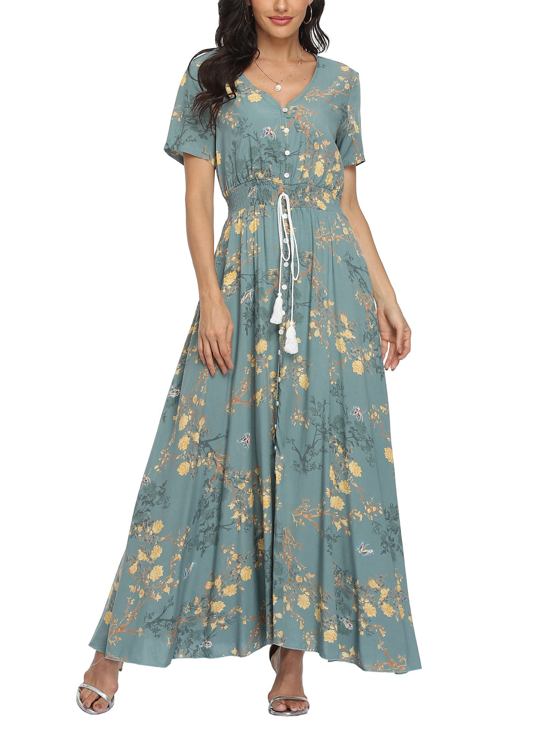 VOGMATE Damen Lange Split Knopf Up Sommer Maxikleid Floral Strandwear Holidy Kleid Hohe Taille mit k