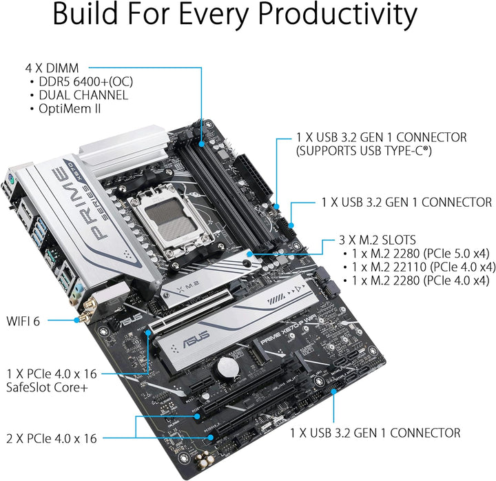 ASUS PRIME X670-P WIFI Gaming Mainboard Sockel AMD AM5 (Ryzen 7000, ATX, PCIe 5.0, 3x M.2, DDR5-Spei