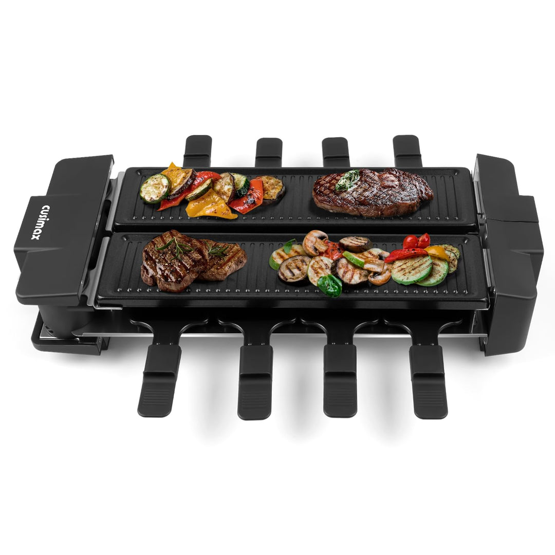 CUSIMAX Raclette Grill, Drehbarer Raclette mit 2 Separaten Grillplatten, 1400W Raclette für 8 Person