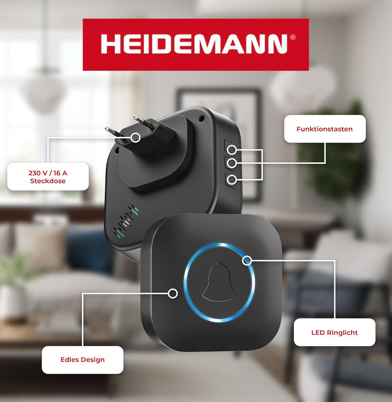 Heidemann Funkklingel-Set Blackline - erweiterbar - hohe Reichweite - Funk Klingel mit LED - 2 Empfä