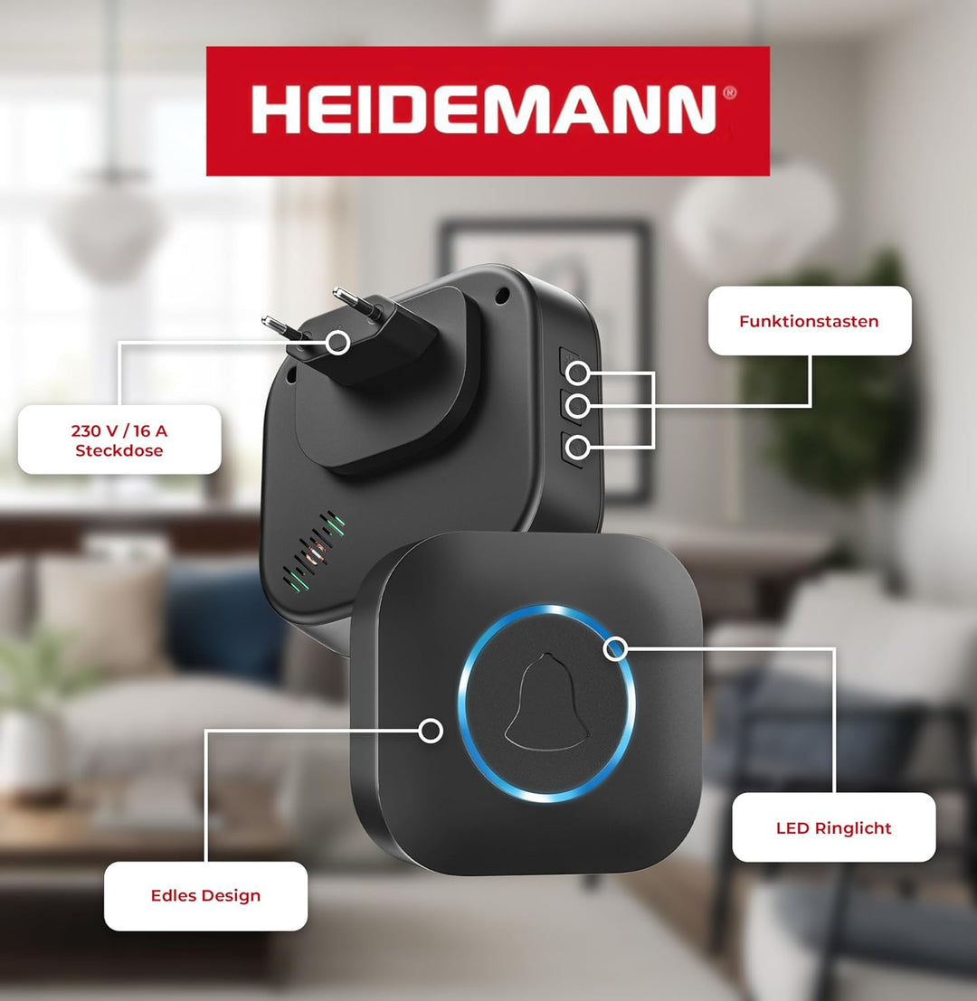 Heidemann Funkklingel Empfänger Blackline - erweiterbar- Funk Türklingel - Plug-In Funkgong - schwar