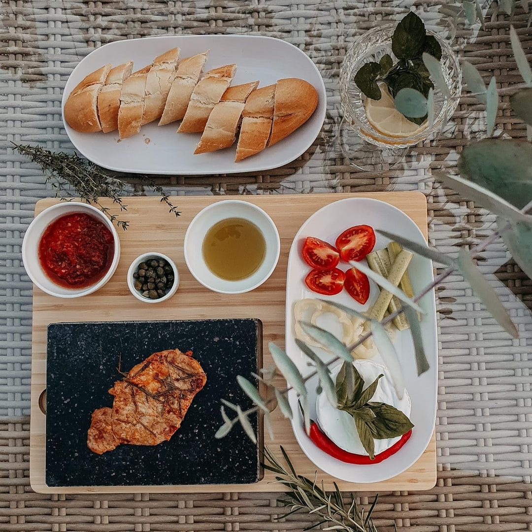 Lavastein Steakbrett, Servierplatte, Bambusbrett mit Hot Stone Grill, Steak Grillplatte, Steinplatte