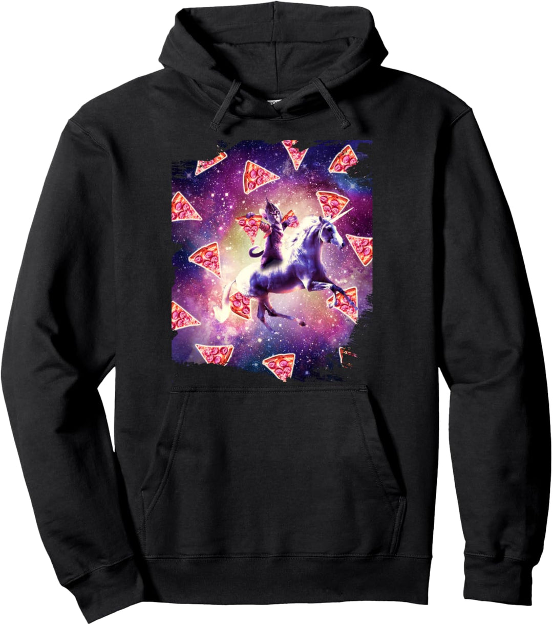Warrior Space Cat On Unicorn - Pizza Pullover Hoodie