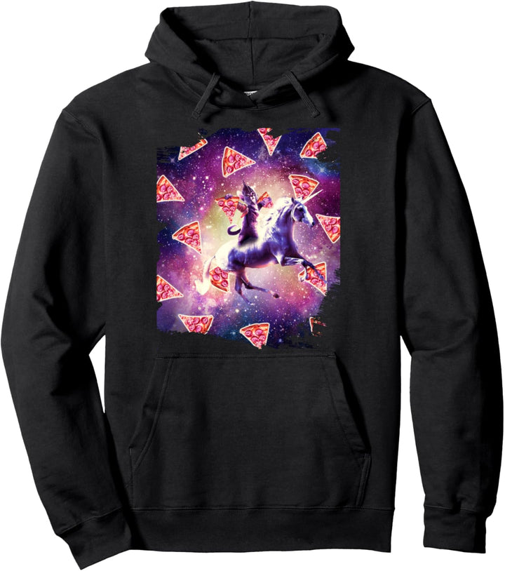 Warrior Space Cat On Unicorn - Pizza Pullover Hoodie